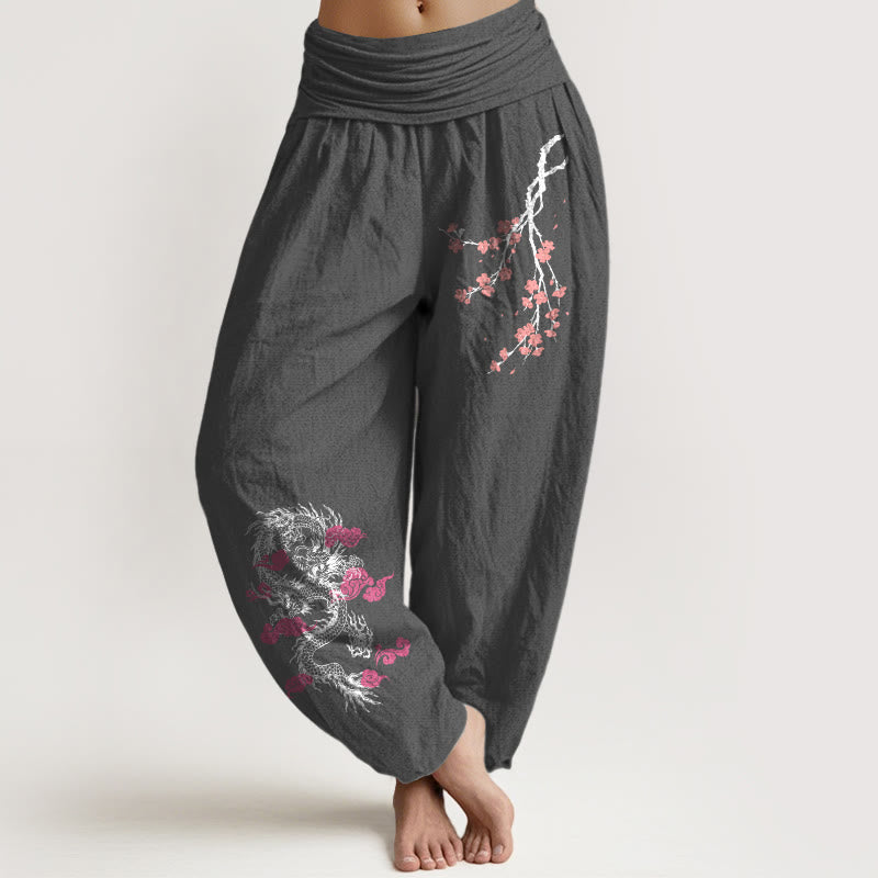Pantalones harén de algodón con cintura elástica para mujer, con diseño de Buddha Stones, dragón, nubes auspiciosas y flores - Gris tenue - US22，UK/AU26，EU54 (6XL) - image 8