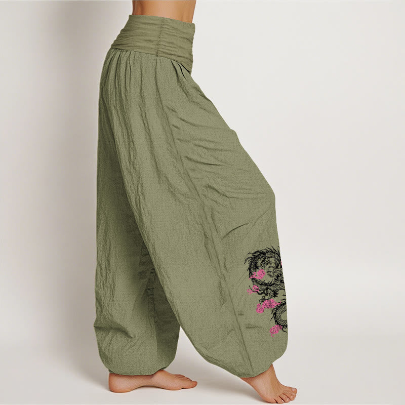 Pantalones harén de algodón con cintura elástica para mujer, con diseño de Buddha Stones, dragón, nubes auspiciosas y flores - image 15