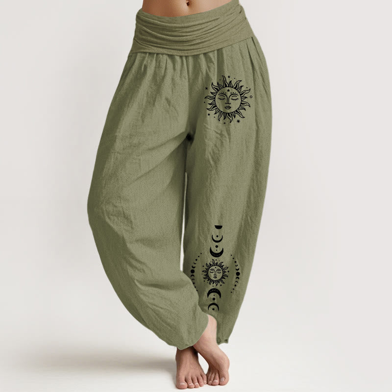 Buddha Stones Pantalones harén de algodón puro con cintura elástica y estampado de sol, luna y estrellas para mujer - Verde oliva - US22，UK/AU26，EU54 (6XL) - image 14
