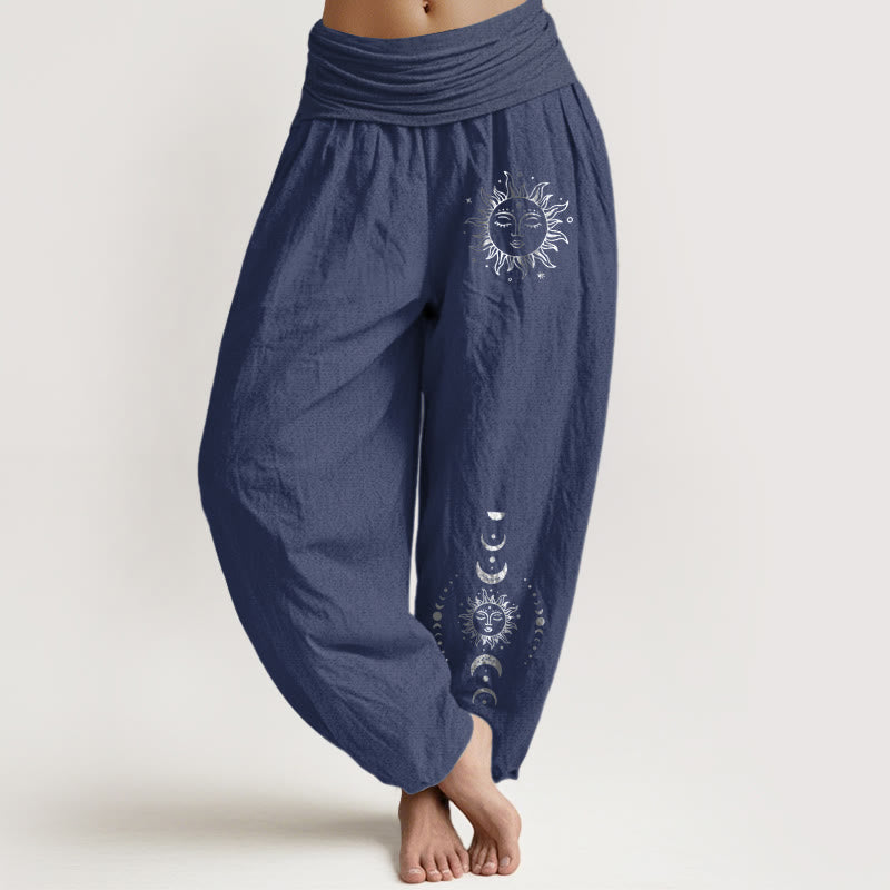 Buddha Stones Pantalones harén de algodón puro con cintura elástica y estampado de sol, luna y estrellas para mujer - Azul pizarra oscuro - US22，UK/AU26，EU54 (6XL) - image 8