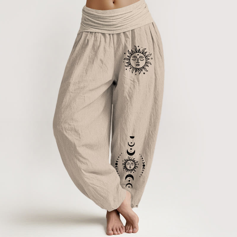 Buddha Stones Pantalones harén de algodón puro con cintura elástica y estampado de sol, luna y estrellas para mujer - Broncearse - US22，UK/AU26，EU54 (6XL) - image 11