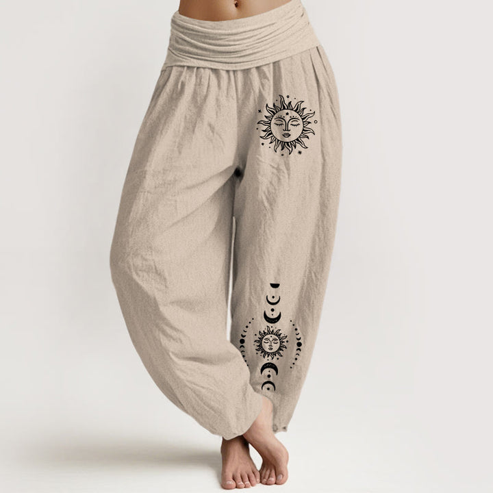 Buddha Stones Pantalones harén de algodón puro con cintura elástica y estampado de sol, luna y estrellas para mujer - Broncearse - US22，UK/AU26，EU54 (6XL) - image 11