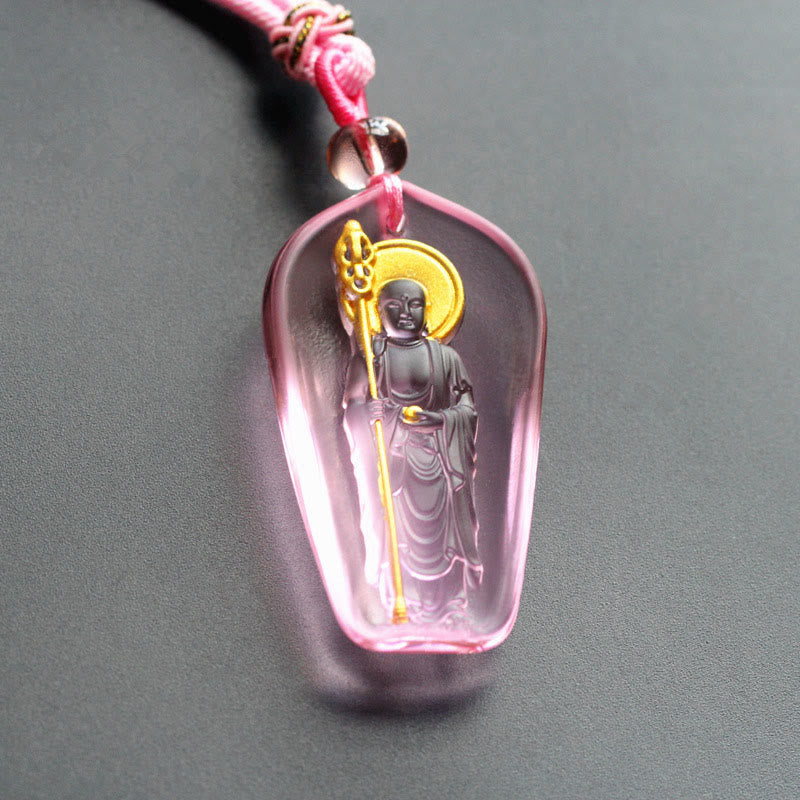 Collar con colgante de Buddha Stones de Buda tibetano, cristal Liuli, Ksitigarbha, Bodhisattva Serenity - Ksitigarbha con un cetro y rosa - image 3