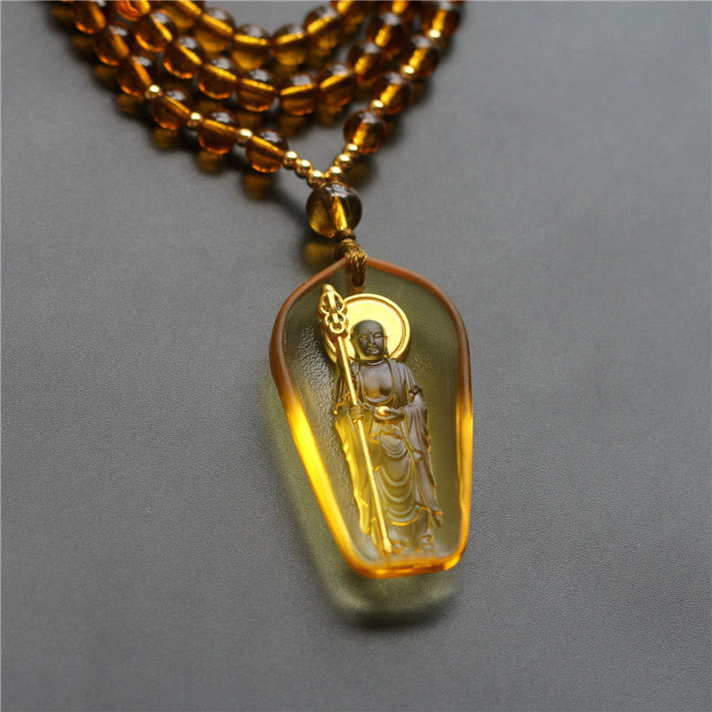 Collar con colgante de Buddha Stones de Buda tibetano, cristal Liuli, Ksitigarbha, Bodhisattva Serenity - Ksitigarbha con un cetro y amarillo - image 2