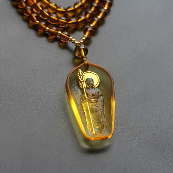 Collar con colgante de Buddha Stones de Buda tibetano, cristal Liuli, Ksitigarbha, Bodhisattva Serenity - Ksitigarbha con un cetro y amarillo - image 2