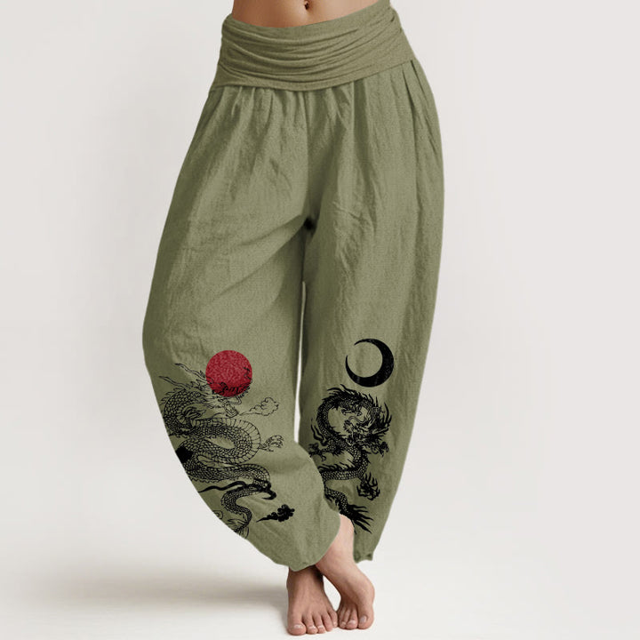 Buddha Stones harén de algodón puro con estampado de dragón, sol y luna para mujer, cintura elástica - Verde oliva - US22，UK/AU26，EU54 (6XL) - image 14