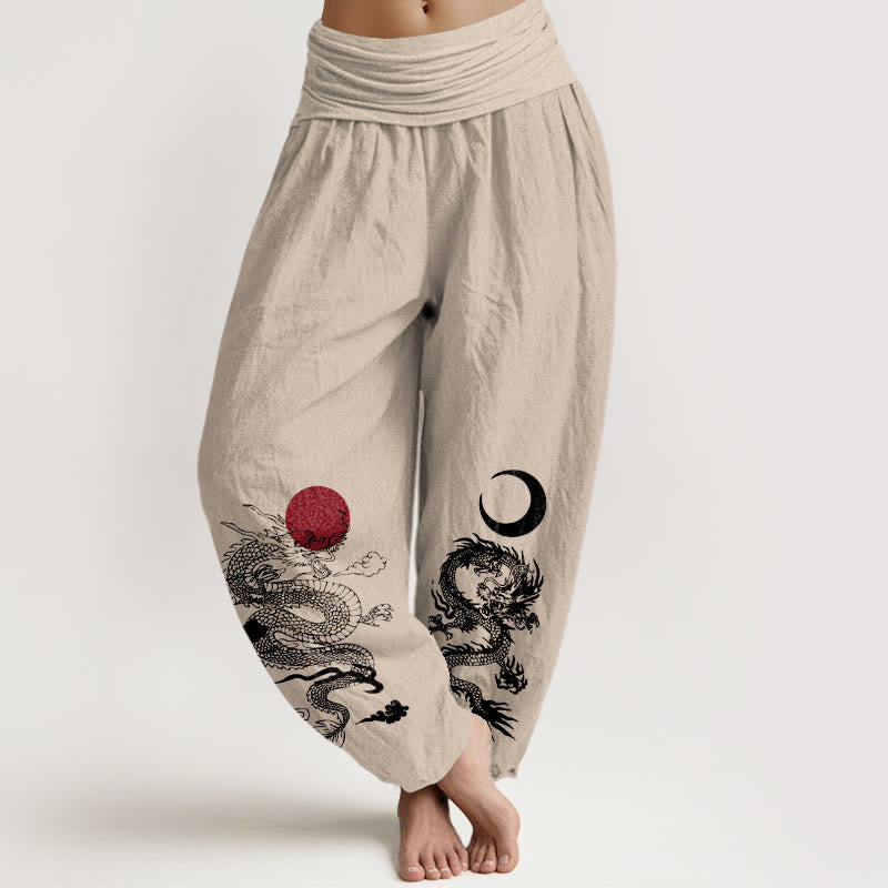Buddha Stones harén de algodón puro con estampado de dragón, sol y luna para mujer, cintura elástica - Broncearse - US22，UK/AU26，EU54 (6XL) - image 11