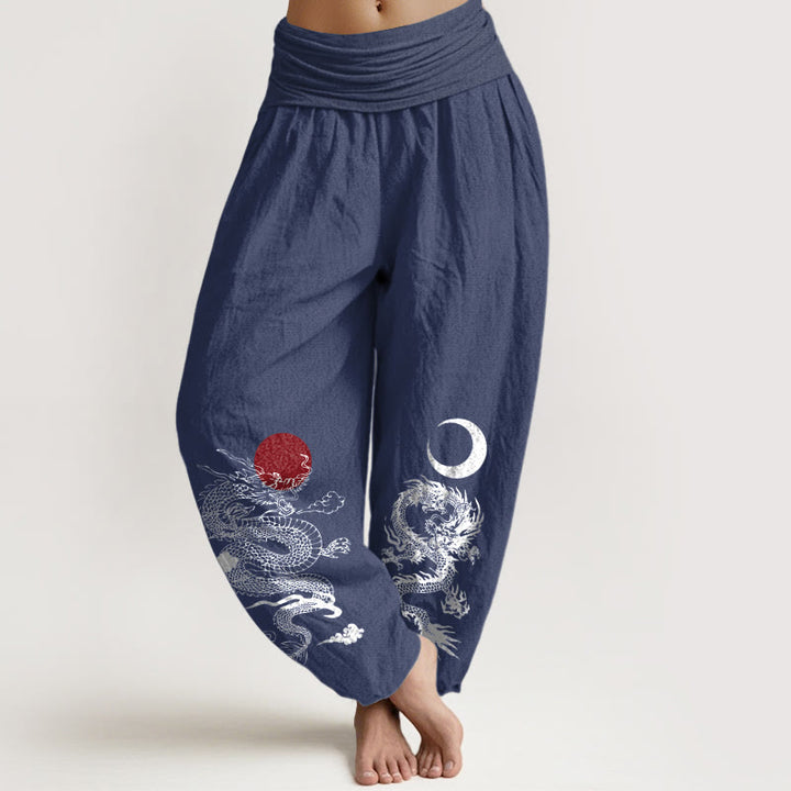 Buddha Stones harén de algodón puro con estampado de dragón, sol y luna para mujer, cintura elástica - Azul pizarra oscuro - US22，UK/AU26，EU54 (6XL) - image 5