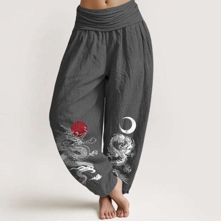 Buddha Stones harén de algodón puro con estampado de dragón, sol y luna para mujer, cintura elástica - Gris oscuro - US22，UK/AU26，EU54 (6XL) - image 8