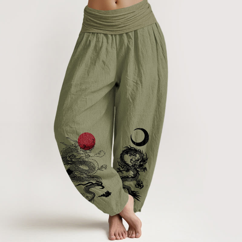 Buddha Stones harén de algodón puro con estampado de dragón, sol y luna para mujer, cintura elástica - Verde oliva - US22，UK/AU26，EU54 (6XL) - image 14