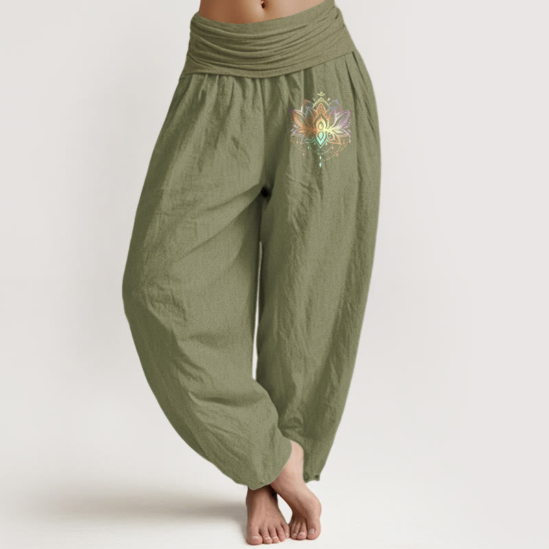 Pantalones Buddha Stones de algodón puro con estampado de loto arcoíris y cintura elástica para mujer - Verde oliva - US22，UK/AU26，EU54 (6XL) - image 14