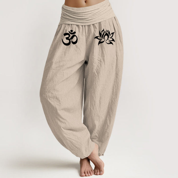 Pantalones Buddha Stones de algodón puro con estampado de loto y símbolo Om para mujer, cintura elástica, color liso - Broncearse - US22，UK/AU26，EU54 (6XL) - image 11