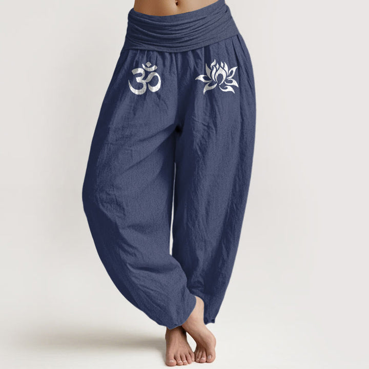 Pantalones Buddha Stones de algodón puro con estampado de loto y símbolo Om para mujer, cintura elástica, color liso - Azul pizarra oscuro - US22，UK/AU26，EU54 (6XL) - image 8