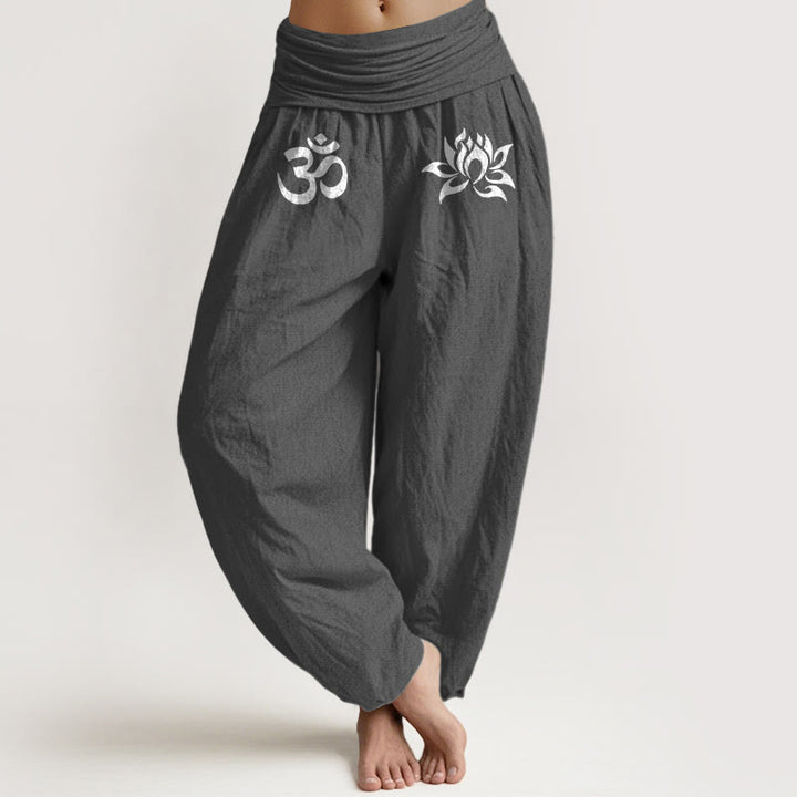 Pantalones Buddha Stones de algodón puro con estampado de loto y símbolo Om para mujer, cintura elástica, color liso - Gris oscuro - US22，UK/AU26，EU54 (6XL) - image 0