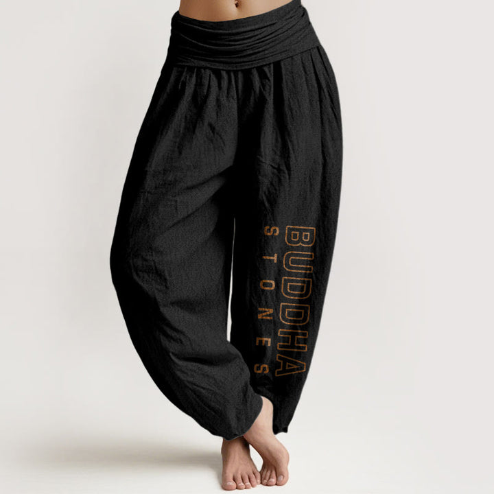Pantalones harén de cintura elástica para mujer con la palabra Buddha Stones en algodón puro de color liso. - Negro - US22，UK/AU26，EU54 (6XL) - image 5