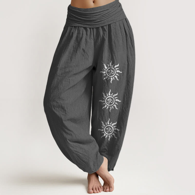 Pantalones harén de algodón puro con estampado de Buddha Stones, color liso, con símbolo del sol y Om, para mujer, con cintura elástica - Gris tenue - US22，UK/AU26，EU54 (6XL) - image 11