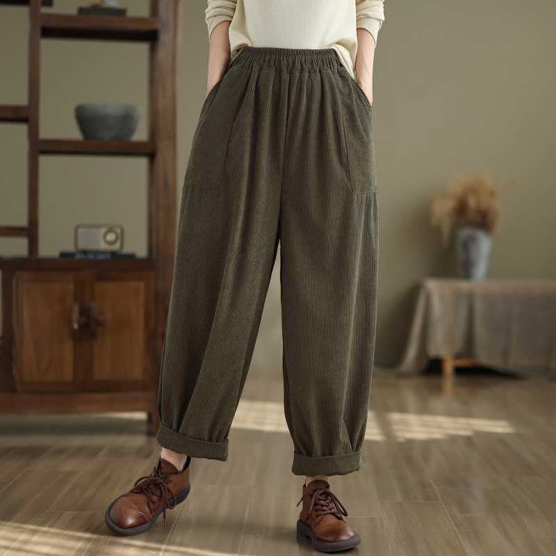 Pantalones harén de pana para mujer, de diseño sencillo, hasta los tobillos, de color liso y con bolsillos , de Buddha Stones, para invierno - Verde oliva - US8-10，UK/AU12-14，EU40-42 (2XL) - image 0