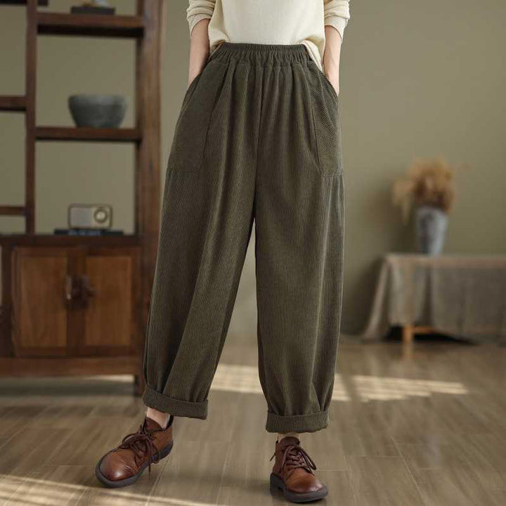 Pantalones harén de pana para mujer, de diseño sencillo, hasta los tobillos, de color liso y con bolsillos , de Buddha Stones, para invierno - Verde oliva - US8-10，UK/AU12-14，EU40-42 (2XL) - image 0