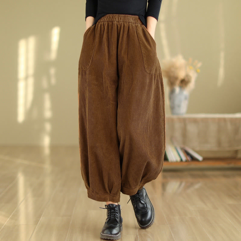 Pantalones harén de pana para mujer con cintura elástica y bolsillos, diseño Buddha Stones - SaddleBrown - US8-10，UK/AU12-14，EU40-42 (2XL) - image 0