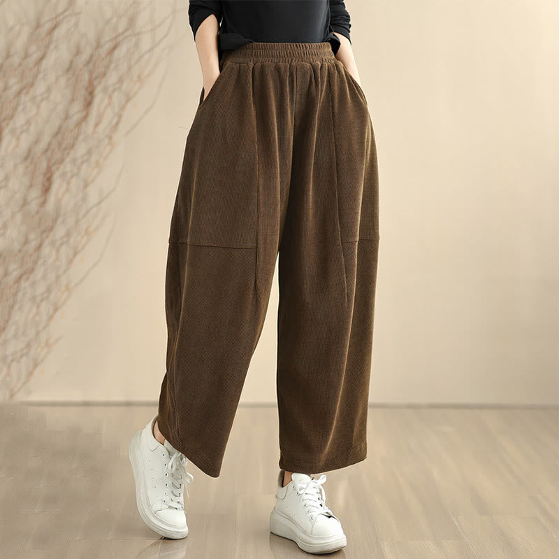 Pantalones harén de pana lisa con bolsillos y diseño patchwork de Buddha Stones para mujer, otoño - SaddleBrown - US8-10，UK/AU12-14，EU40-42 (2XL) - image 0