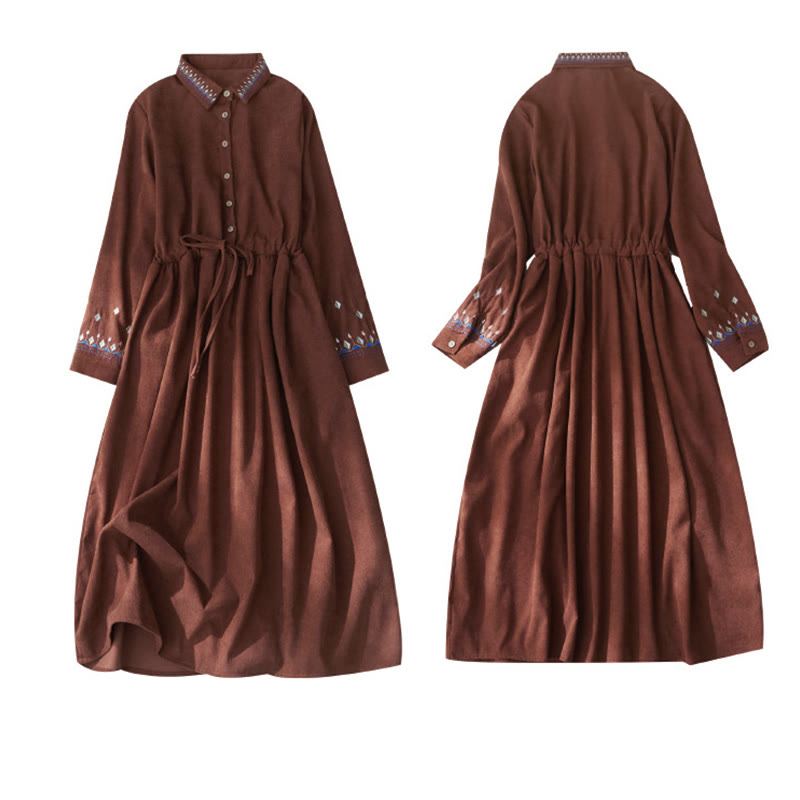 Vestido midi de manga larga con diseño de cordones, bordado floral con Buddha Stones y bolsillos - image 9