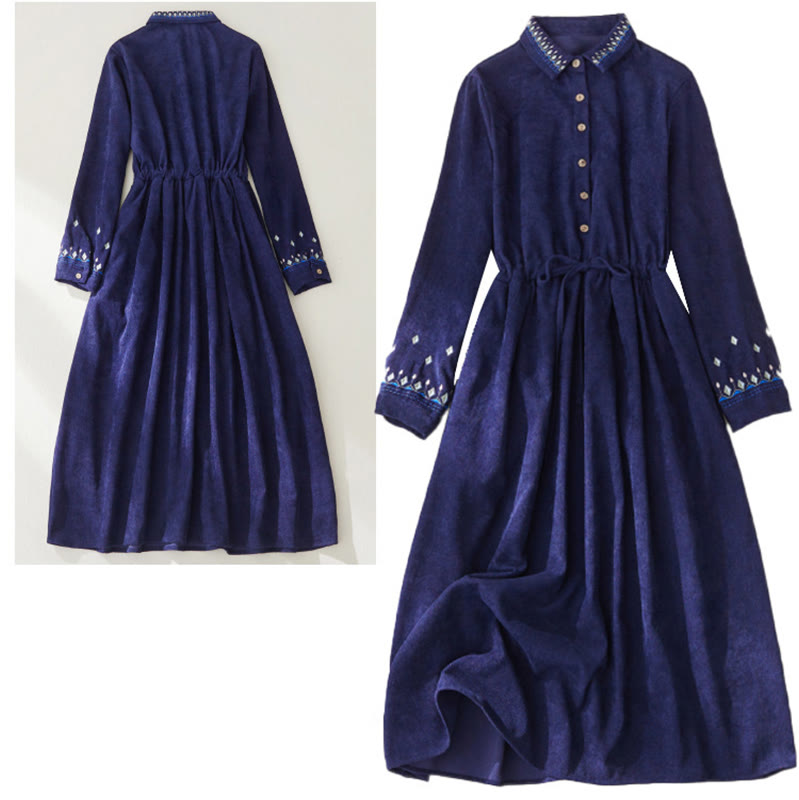 Vestido midi de manga larga con diseño de cordones, bordado floral con Buddha Stones y bolsillos - image 14