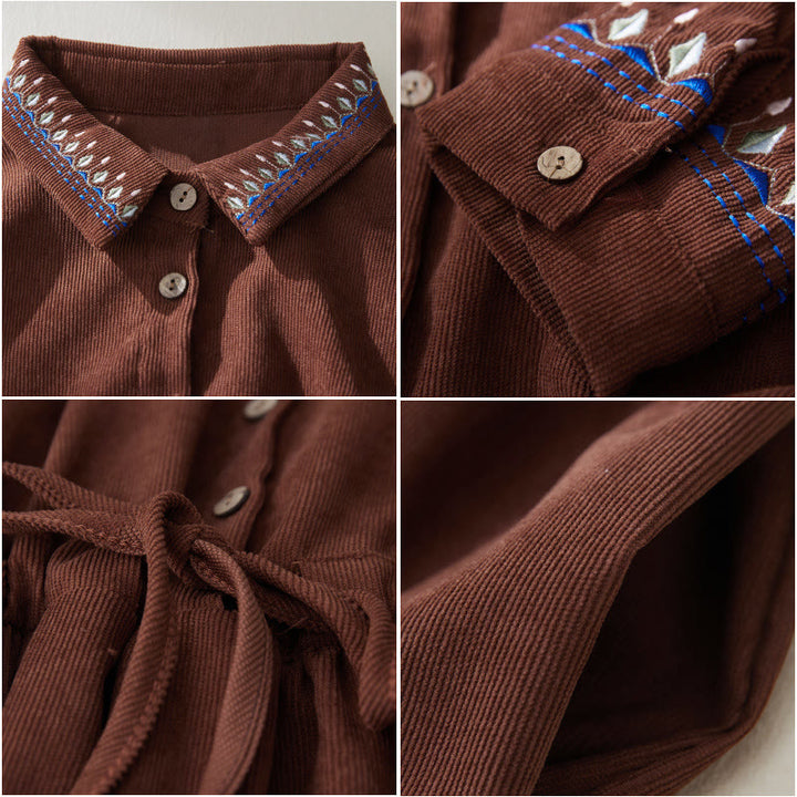 Vestido midi de manga larga con diseño de cordones, bordado floral con Buddha Stones y bolsillos - image 6