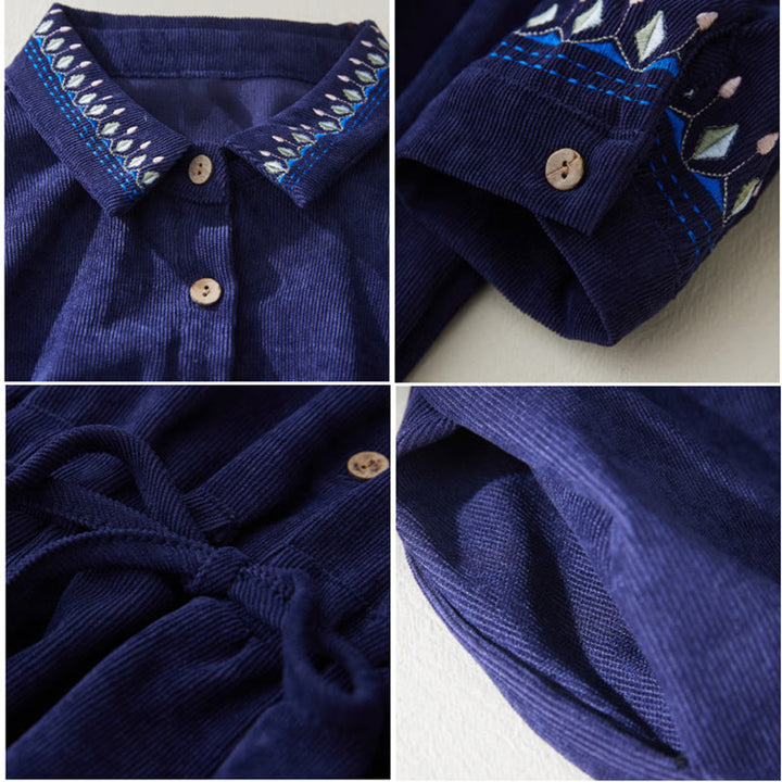 Vestido midi de manga larga con diseño de cordones, bordado floral con Buddha Stones y bolsillos - image 12