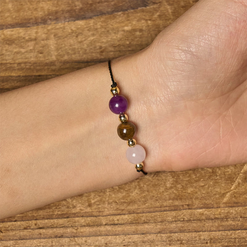 Pulsera de cuerda con Buddha Stones, amatista, ojo de tigre, cuarzo rosa, protección contra la ansiedad - image 15