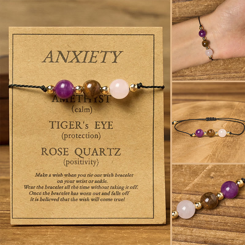 Pulsera de cuerda con Buddha Stones, amatista, ojo de tigre, cuarzo rosa, protección contra la ansiedad - Cuentas redondas (circunferencia de la muñeca: 14-23 cm) - image 10