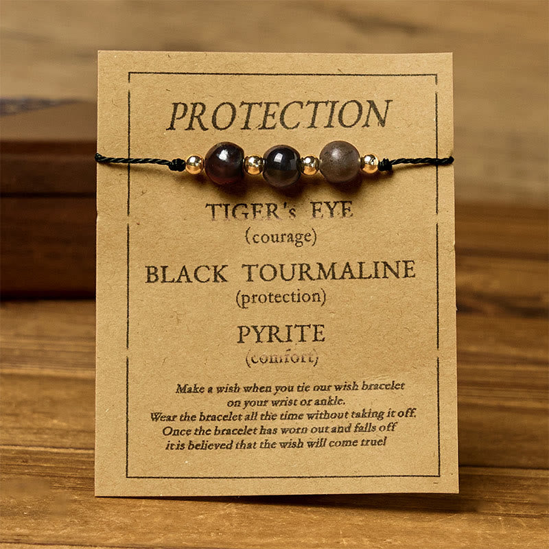 Pulsera de cuerda con tarjeta de protección de pirita, turmalina negra y ojo de tigre de Buddha Stones - image 11