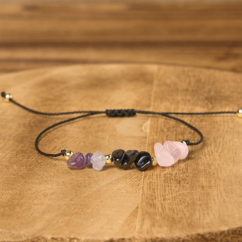 Pulsera de cuerda con Buddha Stones, amatista, turmalina negra, cuarzo rosa y tarjeta de empatía - image 3