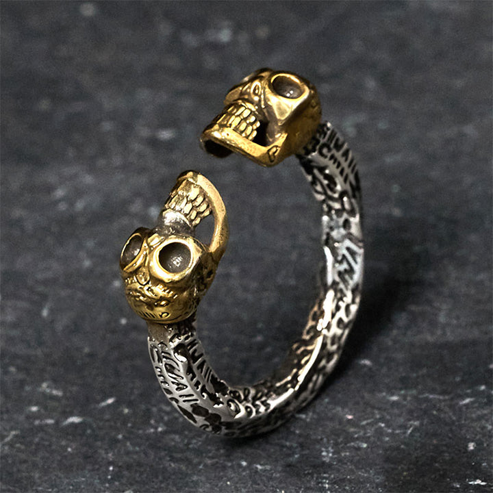 Anillo de cobre con doble calavera y Buddha Stones , el Señor del Bosque Cadáver, para alejar los malos espíritus. - Doble calavera - image 0