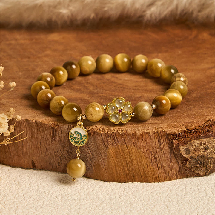 Pulsera de coraje con flor de campana y ojo de tigre dorado natural de Buddha Stones - Ojo de tigre y flor verde (circunferencia de la muñeca: 14-16 cm) - image 5