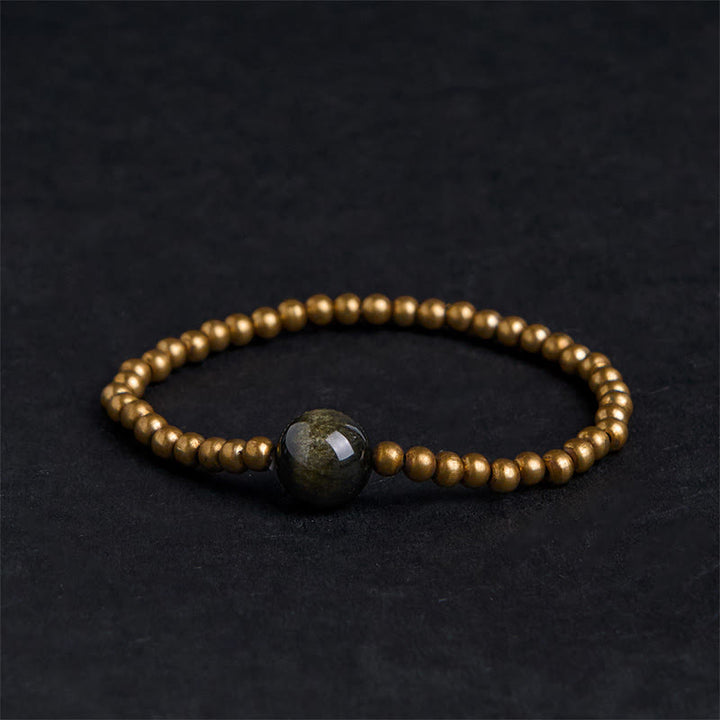 Pulsera de obsidiana con Buddha Stones , cobre, latón y brillo dorado para proteger la riqueza - Obsidiana de cobre, latón y brillo dorado (circunferencia de la muñeca: 14-16 cm) - image 0