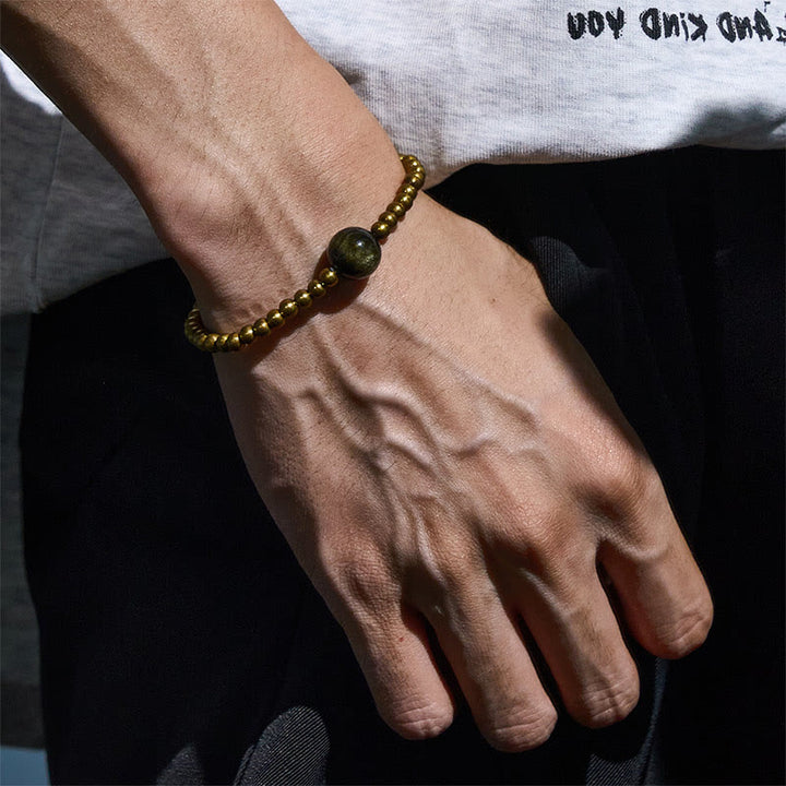Pulsera de obsidiana con Buddha Stones , cobre, latón y brillo dorado para proteger la riqueza - image 2