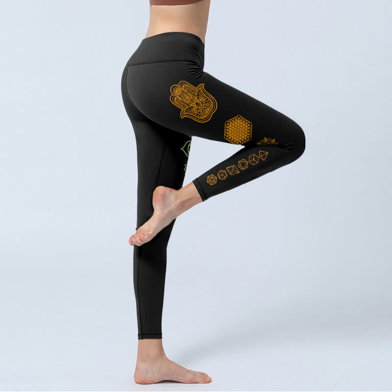 Buddha Stones Leggings de yoga para mujer con estampado de chakras, flor de la vida y hamsa (platónicos) - image 3