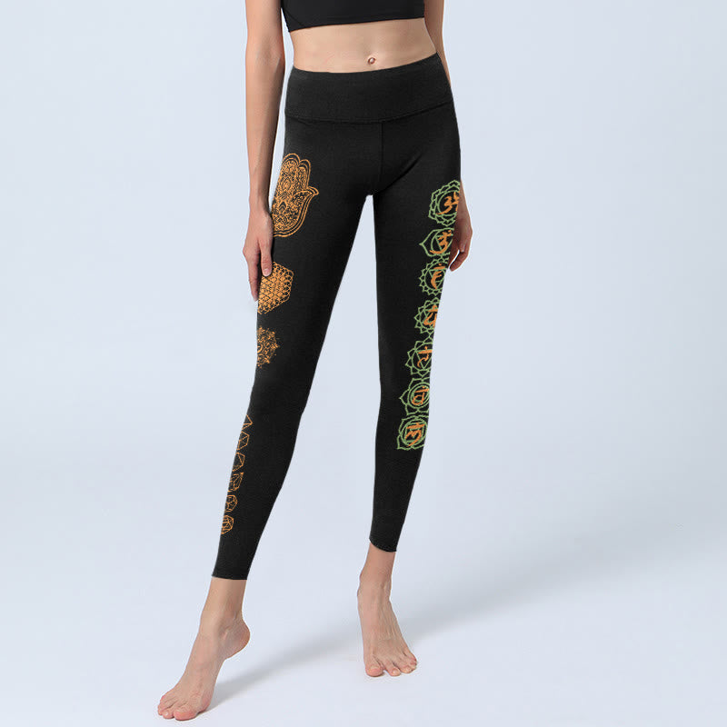 Buddha Stones Leggings de yoga para mujer con estampado de chakras, flor de la vida y hamsa (platónicos) - image 5