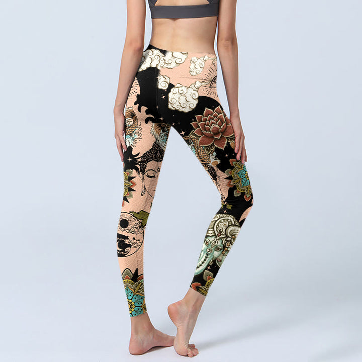 Buddha Stones Leggings de yoga para mujer con diseño de loto, Ganesh, mandala, mal de ojo, pez koi, forma de Yin Yang - image 4