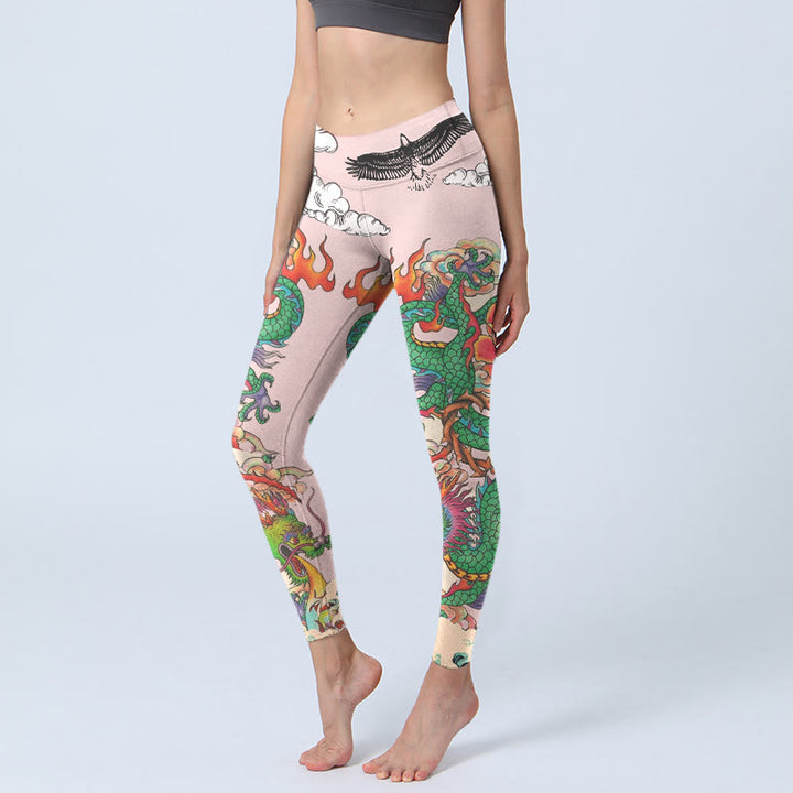 Buddha Stones Leggings de yoga para mujer con estampado de nubes auspiciosas y olas de águila y dragón rosa - Rubor lavanda - US18，UK/AU22，EU50 (4XL) - image 0