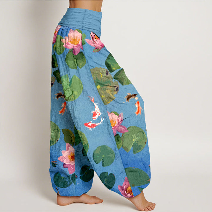 Pantalones harén de algodón puro con cintura elástica para mujer, estampado de Buddha Stones , peces koi y flores de loto - image 1