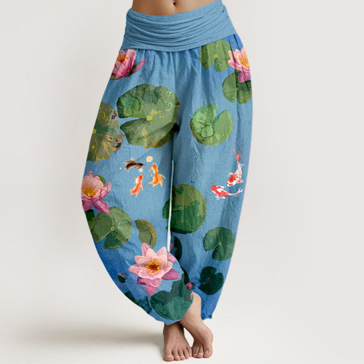 Pantalones harén de algodón puro con cintura elástica para mujer, estampado de Buddha Stones , peces koi y flores de loto - Azul aciano - US16，UK/AU20，EU48 (3XL) - image 0