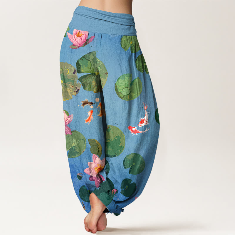 Pantalones harén de algodón puro con cintura elástica para mujer, estampado de Buddha Stones , peces koi y flores de loto - image 2