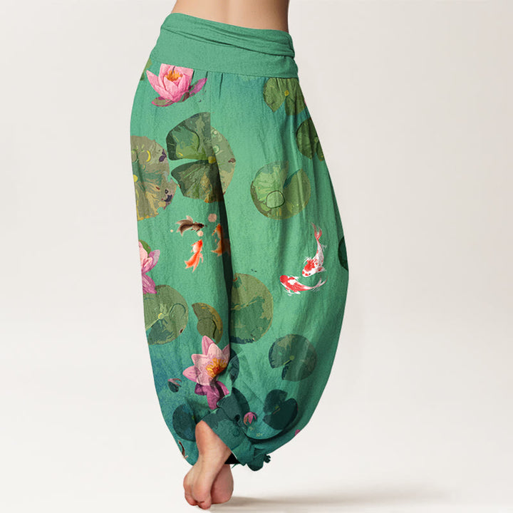 Pantalones harén de algodón puro con cintura elástica para mujer, estampado de Buddha Stones , peces koi y flores de loto - image 7