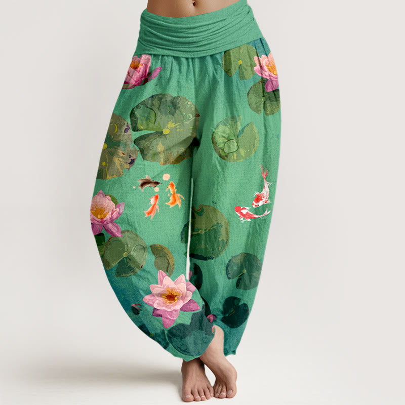 Pantalones harén de algodón puro con cintura elástica para mujer, estampado de Buddha Stones , peces koi y flores de loto - Primavera verde - US16，UK/AU20，EU48 (3XL) - image 5