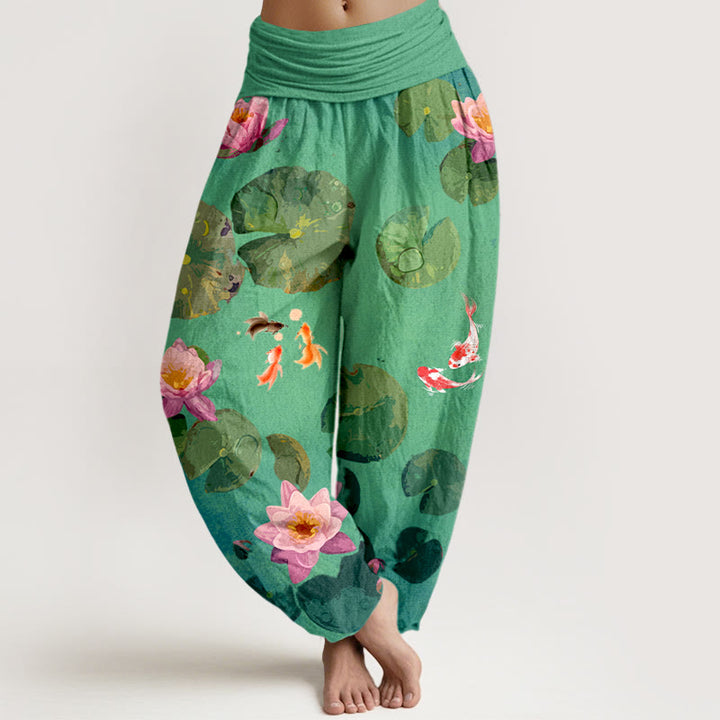 Pantalones harén de algodón puro con cintura elástica para mujer, estampado de Buddha Stones , peces koi y flores de loto - Primavera verde - US16，UK/AU20，EU48 (3XL) - image 5