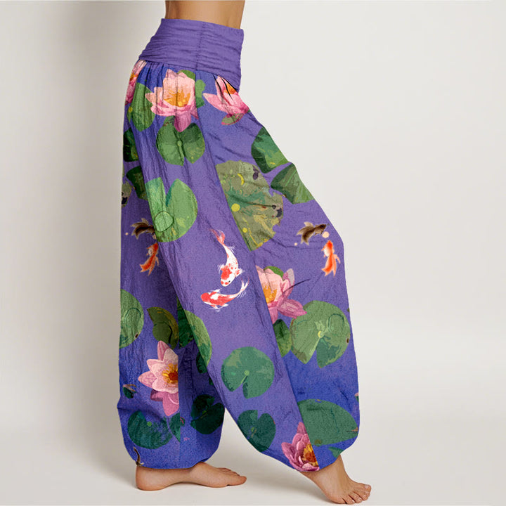 Pantalones harén de algodón puro con cintura elástica para mujer, estampado de Buddha Stones , peces koi y flores de loto - image 9