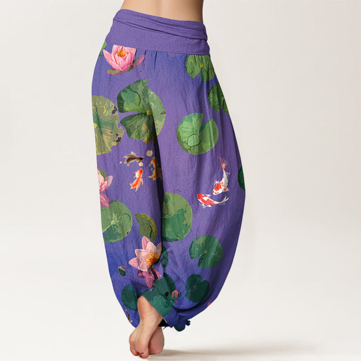 Pantalones harén de algodón puro con cintura elástica para mujer, estampado de Buddha Stones , peces koi y flores de loto - image 10