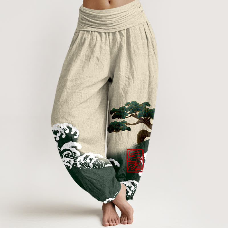 Pantalones harén de algodón puro con estampado de piedras de Buddha Stones y olas ondulantes para mujer, cintura elástica - Beige - US16，UK/AU20，EU48 (3XL) - image 8