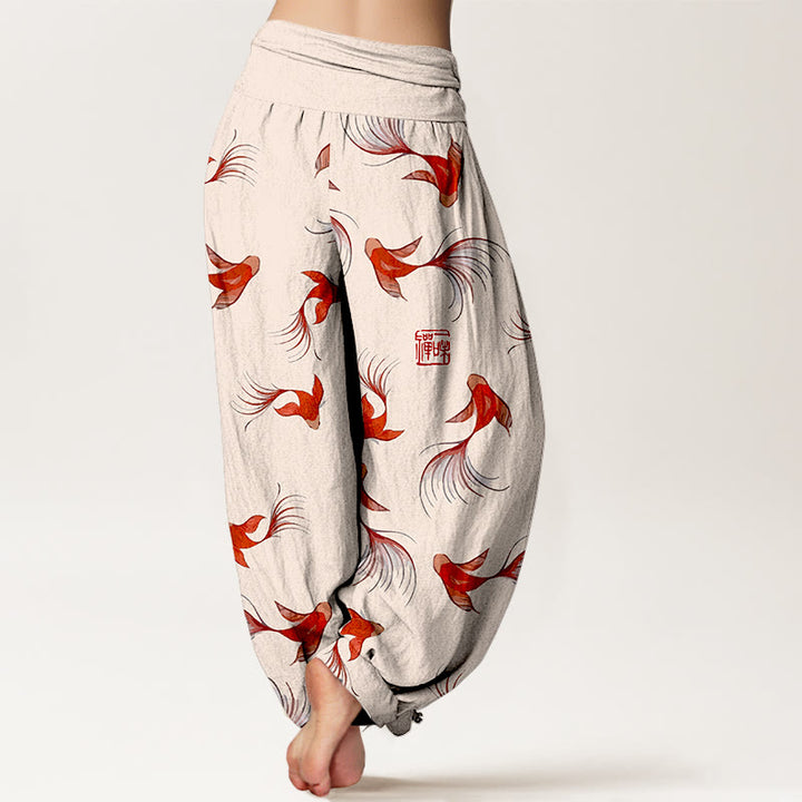 Pantalones harén de algodón puro con estampado de Buddha Stones y estampado de peces koi para mujer, cintura elástica - image 2